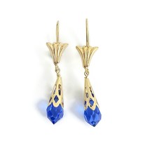 Vintage Blue Simulated Sapphire Dangle Drop Earrings 14K Yellow Gold, 2.... - £395.68 GBP