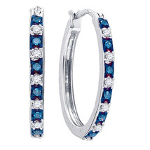 Sterling Silver Womens Round Blue Color Enhanced Diamond Hoop Earrings 1/4 - £140.80 GBP