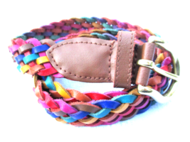 Vintage Multicolor Braided Genuine Leather Belt Brass Buckle Women&#39;s Medium - £20.87 GBP