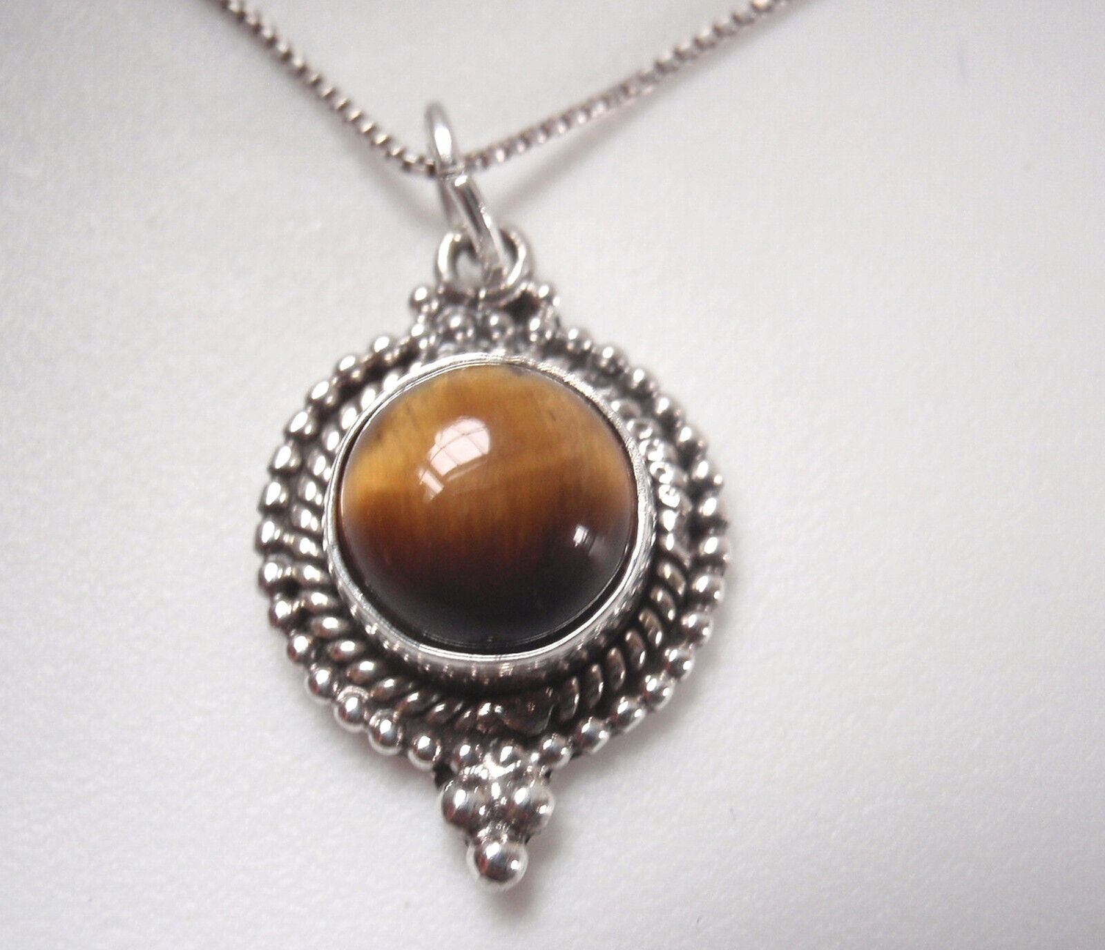 Round Tiger Eye 925 Sterling Silver Pendant Silver Dot Accented - £6.44 GBP