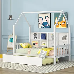 Twin Size House Bed With Trundle For Kids, Montessori Bed With Storage S... - $576.99