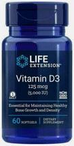 VITAMIN D3 125 mcg (5000 IU)  BONE HEALTH 60 softgels LIFE EXTENSION - $14.99