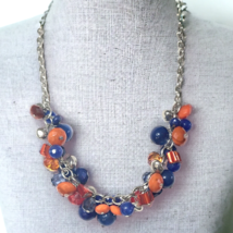 Vintage Silver Tone Orange Blue Beaded Bib Statement Chain Necklace 20&quot; - $6.79
