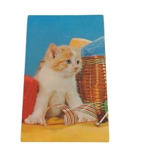 Postcard Striped Kitten With Ribbon Yarn Basket Purr Chrome Posted 1964 - $6.92