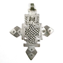 Ethiopian Coptic Cross Silver 4&quot; Pendant Vintage Handmade African Jewelry - £59.49 GBP
