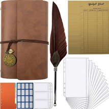 A6 Budget Savings Binder Vintage Leather with Quill Pen, Planner Organizer, 16PC - £13.91 GBP