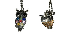2 Vintage Owl Necklace Silver-tone Rhinestone - £7.99 GBP