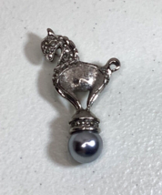 Tojan Statue Horse Brooch Grey Faux Pearl Rhinestone Accents Unmarked By 1928 - $18.00