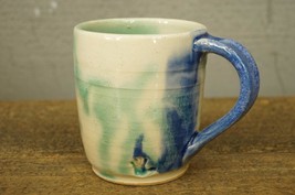Studio Art Pottery Hand Crafted Blue &amp; Green Coffee Tea Mug 3.5&quot; Left Ha... - £10.27 GBP