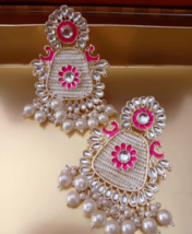 Indisch Vergoldet Bollywood Stil Perlen Ohrringe Lang Kundan Pink Schmuck Set - £37.25 GBP