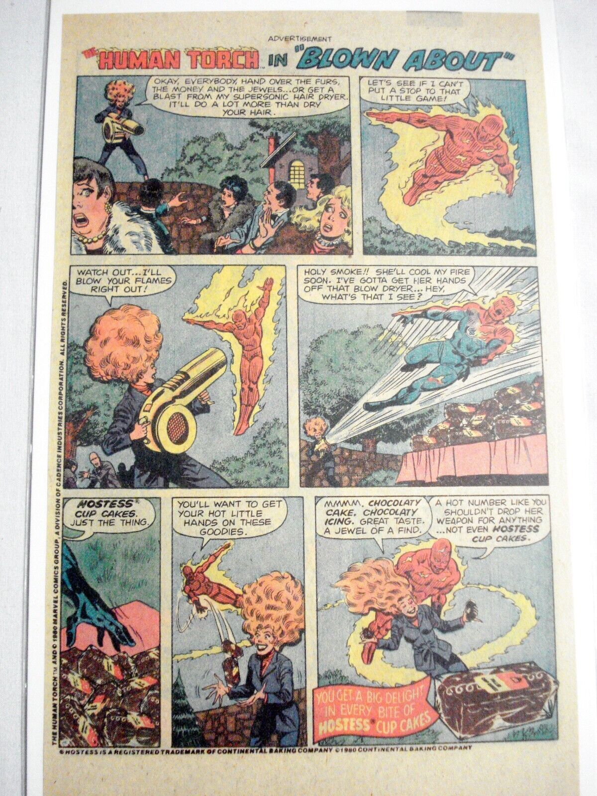 1980 Ad The Human Torch in Blown Apart Hostess Cup Cakes - $7.99