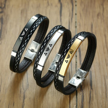 Men&#39;s Black Multi-layer Leather Bracelet Stainless Steel Bar  - £14.23 GBP