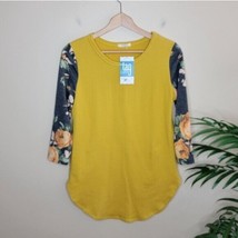 NWT 12PM by Mon Ami | Mustard Yellow Raglan Tee with Floral Sleeves medium - £17.58 GBP