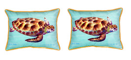 Pair of Betsy Drake Green Sea Turtle Large Indoor Outdoor Pillows 16 In. X 20 In - £71.65 GBP