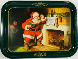 Coca-Cola Green Santa Claus At Fireplace “Please Pause Here” Metal Serving Tray - £7.88 GBP
