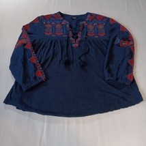 Lucky Brand Boho Top sz M Blue w/Red Orange Embroidery Tassel Ties Longs... - €9,41 EUR