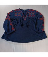 Lucky Brand Boho Top sz M Blue w/Red Orange Embroidery Tassel Ties Longs... - $15.28 CAD