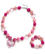 Girls Gilitter Heart Chunky Bubblegum Bead Necklace &amp; Bracelet Set Fashi... - $401.73 MXN