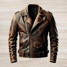 Men’s Distressed Brown Leather Biker Jacket: Vintage Moto Coat - $209.95
