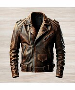 Men’s Distressed Brown Leather Biker Jacket: Vintage Moto Coat - $209.95