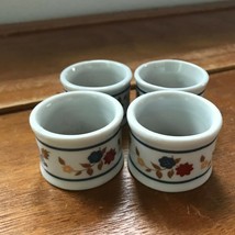 Lot of 4 White Stoneware w Blue Rust &amp; Yellow Flowers Napkin Rings – 1 a... - $8.59