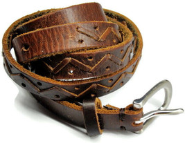 sz L Narrow Womans Laced Teepee Design Western Brown Leather Belt - £27.58 GBP