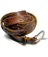 sz L Narrow Womans Laced Teepee Design Western Brown Leather Belt - £27.36 GBP