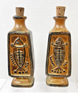 Pair MCM Pottery Fish Bottles Small Decanters Japan Labels Brown Drip Gl... - $34.16