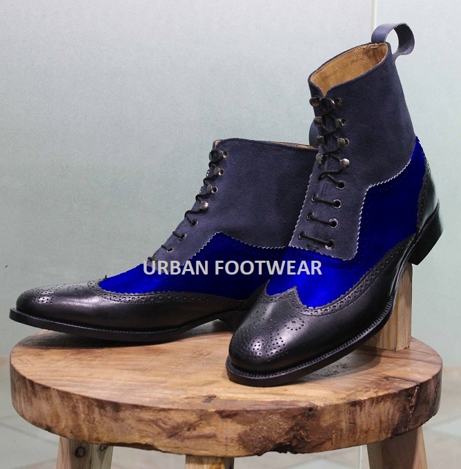 New Handmade Men's Blue & Black Leather & Blue Suede High Ankle Lace Up Boots