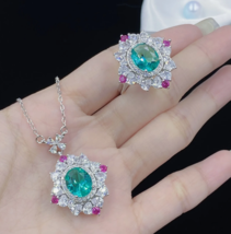 New 2pc Set Paraiba Green Charm Color Gemstone Women Girl Silver Necklace Ring - £21.10 GBP