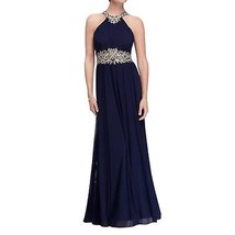 Navy Blue Gold Embroidered Halter Prom Formal Gala Statement Dress Size 4 - £159.39 GBP