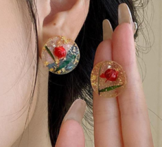 Four Seasons Rose Flower earrings Gold leaf transparent round resin earr... - $19.80