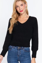Black Long Puff Sleeve V neck Rib Sweater Top_ - £9.48 GBP