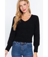 Black Long Puff Sleeve V neck Rib Sweater Top_ - £9.41 GBP