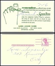 1960s US Postal Card- Luers Junior Shoes, Stride Rites, Springfield, Ill... - $2.96