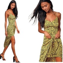 NWT Lulus Odette Yellow Leopard Print Satin Tie-Front High-Low Dress Size Medium - $39.55