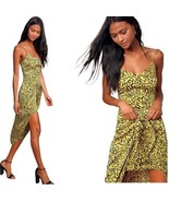 NWT Lulus Odette Yellow Leopard Print Satin Tie-Front High-Low Dress Size Medium - £31.03 GBP
