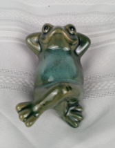 Ceramic Pottery Seductive Relaxing Frog Figurine Glazed Green &amp; Blue 4&quot; - £11.63 GBP