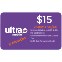 Ultra Mobile $15 Plan 250MB 5G/4G Lte Data Unlimited Call+Text 6 Month Sim - $74.99