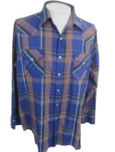 Ely Cattleman Men shirt WESTERN long sleeve p2p 28.5&quot; plaid pearl snaps vtg blue - £19.35 GBP