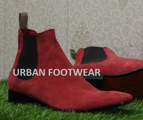 New Handmade Mens Formal Red Suede Leather Chelsea Ankle High Boots