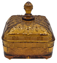 Indiana Tiara Amber Glass Honey Bee Covered Box / Trinket Dish Splayed Feet Foot - £52.57 GBP