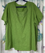Catherines Women&#39;s 2X 22/24 Lime Green knit Top Embroidered Lace Scoop C... - $26.77 CAD