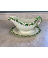 Mintons England Vintage Green Leaf Border Gravy Boat With Attached Under... - $31.06 CAD
