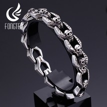 Skull Charm Bracelet Blacken Metal Stainless Steel Wrist Band Gothic Bracelets M - £29.20 GBP