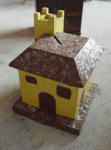 Vintage 1930s  Wood Handmade Yellow House Building Bank Unique - $25.74