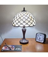 Tiffany Style Table Lamp Banker Jeweled Beaded 19&quot; Tall Stained Glass White - $158.34