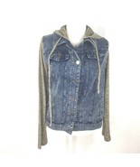 Leshop Women Size Small Petite Hooded Denim Jacket With Gray Clothe Sleeves - £27.67 GBP