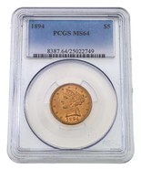 1894 Gold Liberty $5 Half Eagle Graded by PCGS as MS-64 - $1,608.75