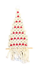 Macrame Christmas Tree Hanging Art Handmade White Red Wood Beads 26 Inches Tall - $23.24